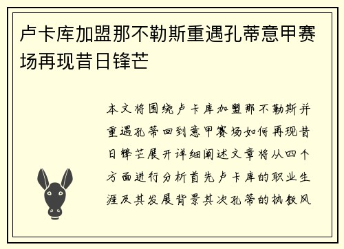 卢卡库加盟那不勒斯重遇孔蒂意甲赛场再现昔日锋芒