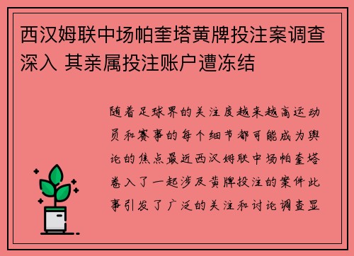 西汉姆联中场帕奎塔黄牌投注案调查深入 其亲属投注账户遭冻结 西汉姆联中场帕奎塔黄牌投注案调查深入 其亲属投注账户遭冻结