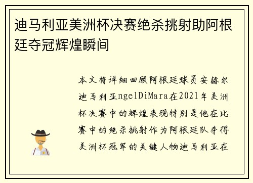 迪马利亚美洲杯决赛绝杀挑射助阿根廷夺冠辉煌瞬间